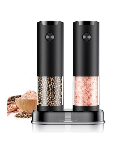 2 Pack Electric Salt and Pepper Grinder Set Automatic Battery Pepper Mill Shakers Adjustable Coarseness Easy Filling Upgraded Larger Capacity with Led (Black）