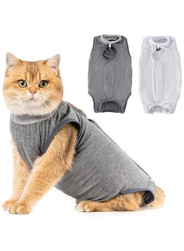 Avont 2 Pck Cat Recovery Suit - Kitten Onesie for Cats After Surgery, Cone of Shame Alternative Surgical Spay Suit for Female Cat, Post-Surgery or Skin Diseases Protection -Grey/Dark Grey (S)