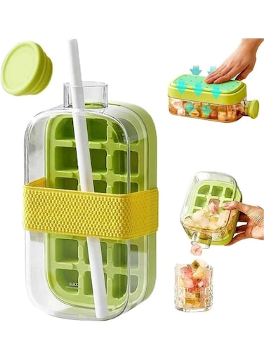 2 in 1 Ice Cube Tray with Straw Easy Press Ice Tray Water Bottle, Leak Proof Lid, Vertical Tray Perfect for Travel, Gym, Home - 800mL Green