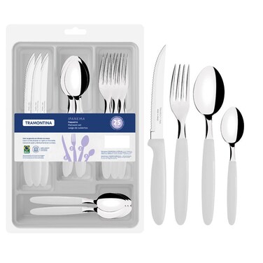 Ipanema 25-Piece Flatware Set with Stainless-Steel Blades White Polypropylene Handles and Plastic Drawer Organizer