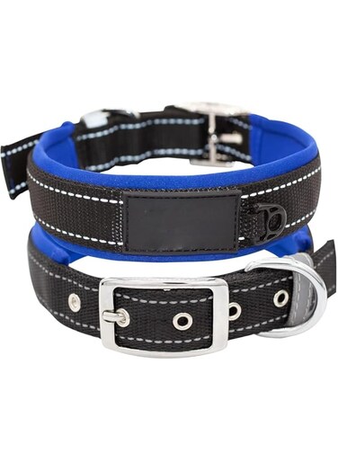 NALACAL Nylon Dog Collar, Soft Padded Breathable, Reflective Adjustable Tactical Waterproof Pet Collar, with Durable Metal Buckle for Small Medium Large Dogs, Tactical Dog Collar (L, Black/Dark Blue)