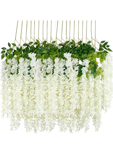 12Pcs Artificial Wisteria Flowers 3.6 Feet/Piece White Dense Artificial Fake Wisteria Vine Ratta Hanging Garland Silk Flowers String Flower Hanging Decorations Home Party Wedding Decor(White-Dense