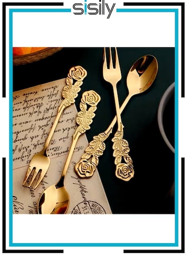 4Pcs Rose Handle Spoon Fork Set 4.72inch (304) Stainless Steel Flatware for Coffee Tea Dessert Ice Cream Appetizer Fruit&iuml;&frac14;&circ;Gold&iuml;&frac14;&permil;
