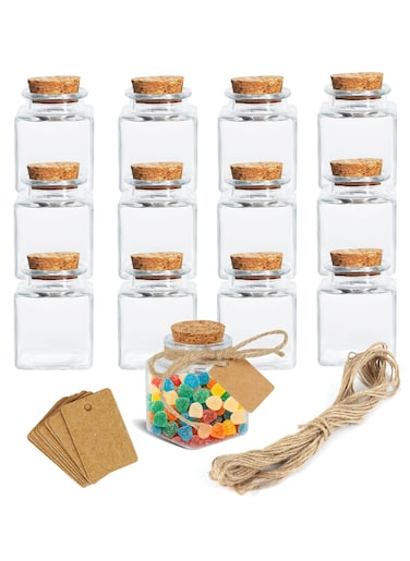 12Pack 1.7oz (50ml) Mini Glass Bottles with Cork Lids &ndash; Small Square Jars with Twine &amp; Blank Tags for Spices, DIY Crafts, Wedding Favors &amp; Gifts