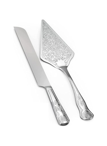 NALACAL Set of 2 Rustic Wedding Cake Knife and Serving Set Wedding Cake Knife Serveing, Rustic Wedding Cake Knife Set for Parties Weddings Birthdays Anniversaries (Silver)