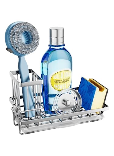 HOUSLET Sink Caddy Kitchen Sink Organizer with Detachable Brush Holder, Stainless Steel Sink Sponge Holder with Removable Drip Tray Sponge Caddy for Kitchen Sink Countertop (Silver)