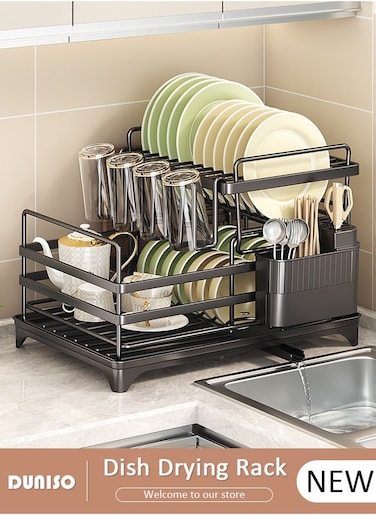 2-Tier Dish Drying Rack, Space Saving Dish Drying Stand for Kitchen Counter, Stainless Steel Dish Drainer with Cups Holder for Dishes, Knives, Spoons, Forks