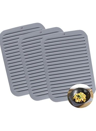 Joyzzz Silicone Trivet Mat, 3 PCS Grey Silicone Pot Holders with 30x23cm Size, Food Grade Silicone Pot Holders for Kitchen Heat Resistant, Non-Slip Trivet for Counter, Waterproof Drying Mat