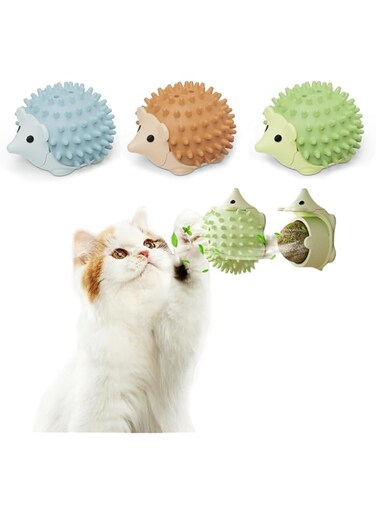 OSHIMA 3 Pieces Catnip Wall Ball Catnip Balls Kitten Chew Wall Toys Catnip Wall Roller for Cat Licking Teeth Cleaning Dental Edible Kitten Toy with Storage Lid (Hedgehog Type)