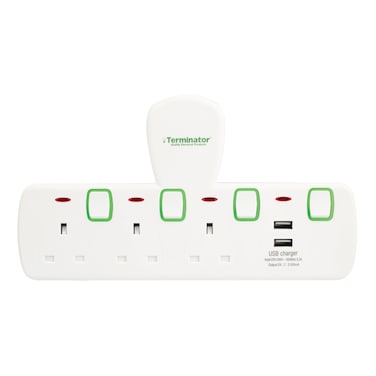 Terminator 3 Way UK T-Socket Multi Adaptor With 2 USB 2.1A Individual Switches &amp; Indicators 13A