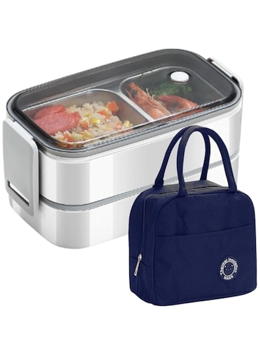 Gardezi Kitchen leakproof lunch box with lunch bag-Blue Bento Box 2 tier stainless steel Tiffin Food Storage Container Bento Lunch Box for Adults Kids Work School Travel Men Women &amp; Children لانش بوكس
