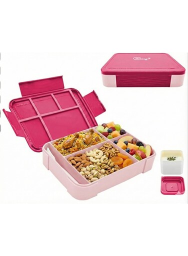Essentials Premium Leak Proof Bento Lunch Box with 6 Compartments &acirc;&euro;&ldquo; BPA Free, Microwave Safe lunch box for Adults &amp; Kids daily use for School, Office and Travel (Pink Rose)