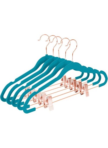 MIZGI Premium Velvet Pants Hangers with Clips (Pack of 20) Slim Skirt Hangers- Non Slip Felt Outfit Dress Hangers Teal - Copper/Rose Gold Hooks, Space Saving Shirt Clothes Hangers
