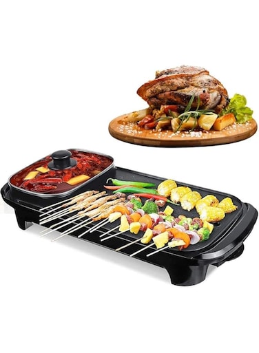 TAPIT 1300W Electric Grill With Hot Pot Grill,Temperature Contral, Indoor Teppanyaki Grill/Korean BBQ/Shabu Shabu Hot Pot, Capacity for 2-8 People Family Gatherings (A)