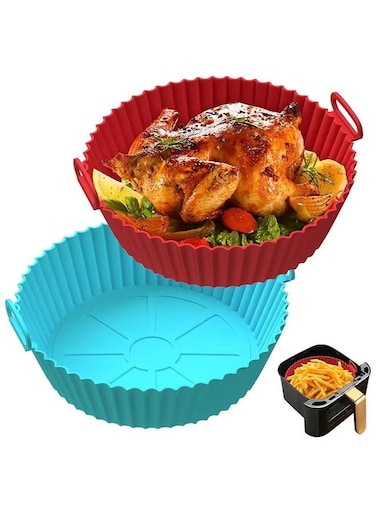 Pcs Air Fryer Silicone Liner Non Stick Reusable, for 3 to 5 QT, Basket Bowl, Replacement of Flammable Parchment Paper, Reusable Baking Tray Oven Accessories(Red and Blue)