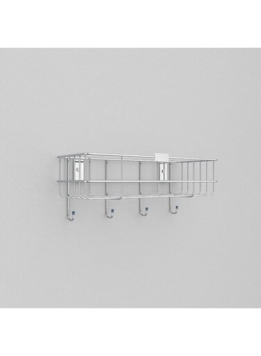 Sulfar Steel Self Adhesive Multipurpose Bathroom Shelf with Hooks/Towel Holder/Rack/Bathroom Accessories-Wall Mount (Black,Powder Coated) (Pack of 1)