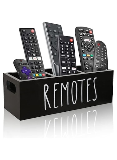 CHONIC Remote Control Holder, Farmhouse Remote Storage Caddy, Bedside TV Controller Box, Rustic Wood Media Organizer Tray for Home Bedroom Table (Black)