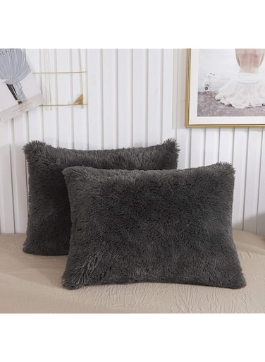 XeGe Faux Fur Throw Pillow Cases Plush Shaggy Ultra Soft Pillow Cover Fluffy Crystal Velvet Decorative Pillowcases Zipper Closure,Set of 2(Standard, Dark Gray)