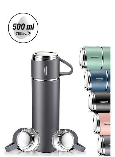 500ml Stainless Steel Vacuum Thermos Flask with Silicone Handle &acirc;&euro;&ldquo; Insulated Water Bottle with 2 Stainless Steel Cups Set for Hot &amp; Cold Outdoor Travel   Gift Box (2 PACK, GREY) &acirc;&euro;&ldquo; Ideal for Travel, Camping, Hiking, and Outdoor Adventures