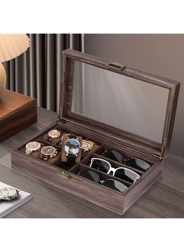 Homarket Watch Box Sunglass Organizer with Real Glass Top, 6 Watch Case and 3 Slots Sunglasses Box for Men Women