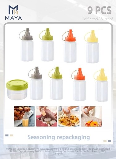 9 Pcs set , 8 Mini Condiment Squeeze Bottles, a round seasoning box.1oz Plastic Ketchup Bottles Squirt Honey Tomato Salad Dressing Container for Bento Box, Lunch, BBQ, Camping