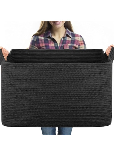 CENXI Extra Large Blanket Basket, Woven Storage Basket for Living Room, Nursery Blanket Storage, Rectangle Storage Basket for Toys, Towels, Dirty Clothes Basket, 23.6" x 16.5" x 13.8" (Black)