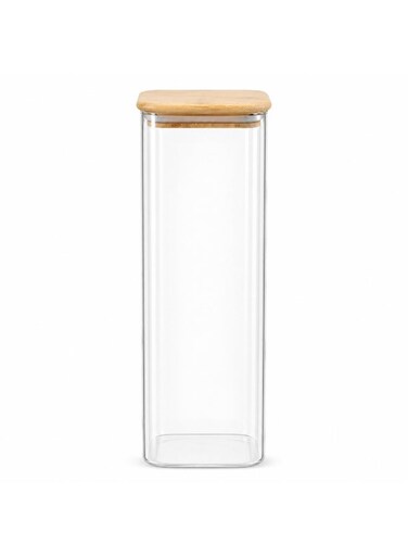 Bee 1.75L Airtight Glass Storage Jar with Bamboo Lid &acirc;&euro;&ldquo; Tall Square Multipurpose Container for Kitchen Pantry, Food Storage, Dry Goods Organizer, Clear Durable Glass Canister