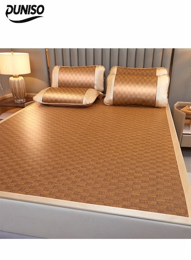 Summer Bedding Set,3-Piece of Ice Silk Cooling Bedding Set,(1 Mattress +2 Pillowcases) Breathable and Soft ,Foldable Soft Cooling Mat&iuml;&frac14;&OElig;Antibacterial and Bacteriostatic,1.8*2.0 M,Classic Grid Brown