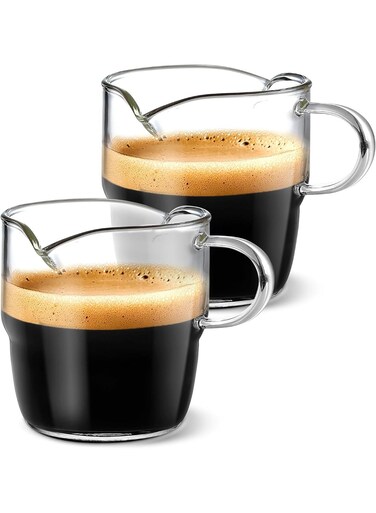 Espresso Shot Glasses, Cute Clear Glasses for Coffee Bar, Double Spout Stackable Cups with Handle, Clear Glass Mugs for Latte, Macchiato, Coffee Bar Accessories, Dishwasher Safe (2-Pack)