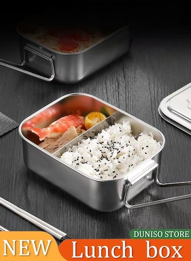 Stainless steel lunch box,2 grids multifunctional partitioned lunch container, portable and leak proof, with lid and handle, suitable for home&iuml;&frac14;&OElig;dining halls and canteen&iuml;&frac14;&OElig;18.3 * 6.7 * 14cm, silver