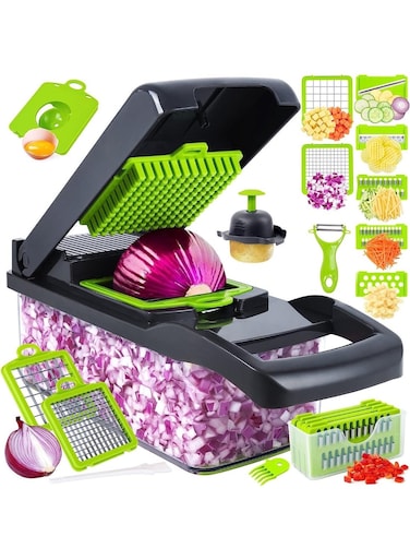 16-in-1 Manual Vegetable Cutter &amp; Chopper Set &acirc;&euro;&ldquo; Multi-Functional Kitchen Tool with Silicone Base &amp; Spatula   Onion, Carrot, Fruit &amp; Salad Slicer