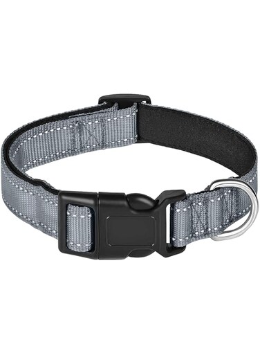 Reflective Buckle Dog Collar with ABS Plastic Quick Release Buckles and Stainless Steel D-Ring, Adjustable Nylon Safety Collars for Small Medium Large Dogs (Grey)