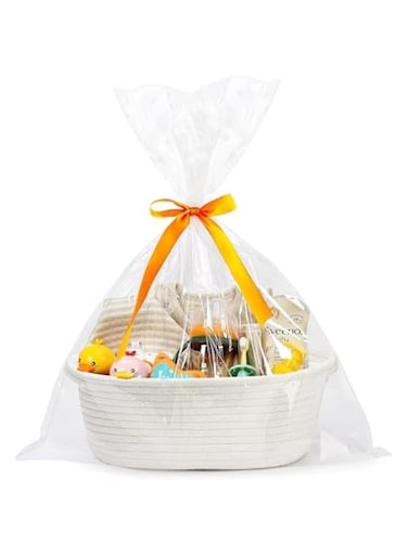 Small Woven Basket with Gift Bags and Ribbons, Empty Decorative Gift Chest Box, Cute Baby Gift Basket for Nursery, Cotton Rope Room Shelf Storage Basket with Handles (White)