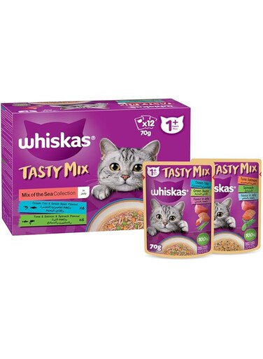 Whiskas Tasty Mix, Mix of the Sea Collection in Jelly Wet Food, Pack of 12x70g, Wet Cat Food in Jelly