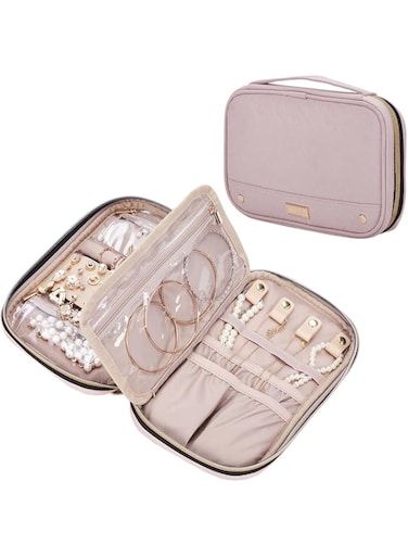 NISHEL Travel Jewelry Organizer Folio, Jewelry Rolls for Necklaces, Earrings, Rings, Bracelets, Watch, Pink