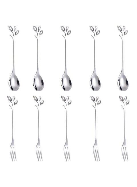 AnSaw 10-Pc Silver Mini Spoons &amp; Forks Set, 4.7&quot; - Stainless Steel, Leaf Handle, Ideal for Coffee,Tea, Appetizers, Tastings, Parties, Charcuterie &amp; Cocktails