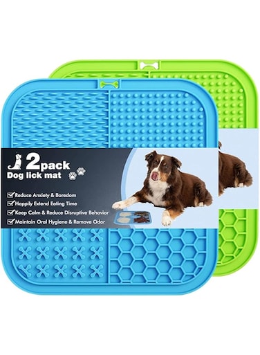 2Pcs Licking Mat, Premium Lick Pad with Suction Cups for Dogs and Cats, Dog Licking Mat for Boredom Reducer, Slow Feeder Dog Bowls, Bathing, Grooming and Training, Green and Blue