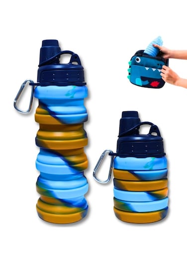 Silicone Collapsible Food Grade Water Bottle For Sports And Reusable Leakproof Foldable And Detachable BPA Free Bottle With Carabiner For Hiking, Cycling And Travel And School, Double Color