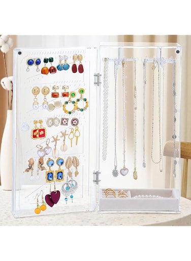 Clear Acrylic Jewelry Organizer, Dustproof Rotatable Necklace Holder with Velvet Tray, Large Capacity Jewelry Display Case for Earrings, Pendants, Necklaces, Rings, Bracelets, and Hair Accessories