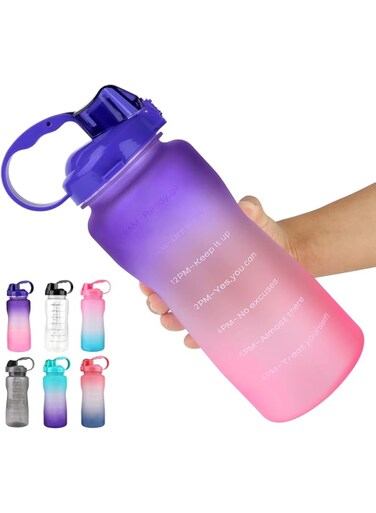 Water bottle 2l/ large sports bottle with time marker, bpa free &amp; leakproof, reusable portable fitness sport water bottles for gym &amp;outdoor sports &amp;office (purple)