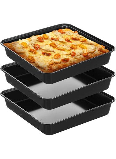RimCereal 3 Pcs Detroit Style Pizza Pan 10 x 10 x 1.8 Inch Hard Rectangular Deep Pizza Pans Non Stick Sicilian Style Pizza Pan Dish Pre Seasoned Bakeware Kitchenware
