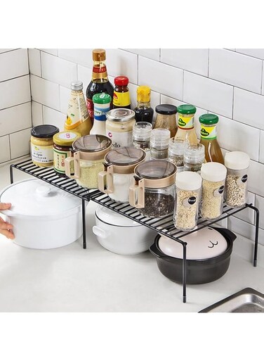 Maykela Countertop Shelf Expandable Stackable Kitchen Cupboard Organiser Cabinet Shelf Organizers for Tableware Seasoning Cupboard,Pantry Organizer (Black-1 Pack)