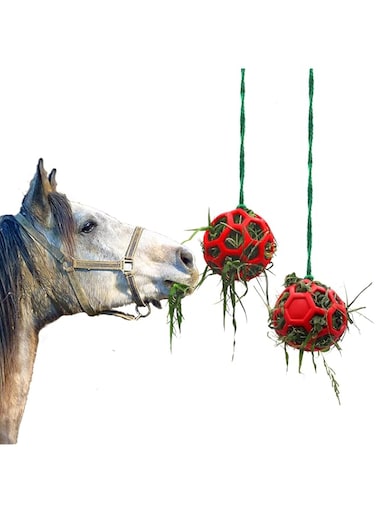 Besimple 2 Pack Horse Treat Ball Hay Feeder Toy, Goat Feeder Ball Hanging Feeding Toy for Horse Goat Sheep Relieve Stress(Red)