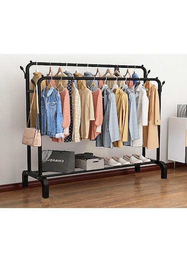 Double Pole Stainless Steel Cloth Hanging Stand with Shoe Rack