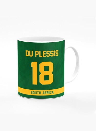 Designer Printed Coffee Mug with Heavy Duty Handle 11oz Ceramic Personalised Gift Mugs Cup [Microwave Safe &amp; Dishwasher Proof ] - Cricket Player - Faf du Plessis, Jersey Number - 18