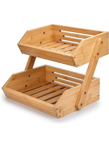 TAYGUM Bamboo Fruit Basket for Kitchen Counter, Large Capacity Fruits Storage Rack Vegetables Bowl Stand Holder Countertop Organizer (DOUBLE-LAYER)