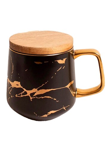Pear Ceramic Marble Coffee Mug With Wood Coaster Black
