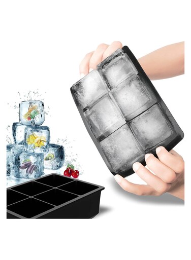 Art Silicone Ice Cube Tray   6 Large Square Ice Moulds   Flexible, BPA-Free, Non-Stick   Easy Release for Cocktails, Drinks   Black (16.3 x 11 x 4.5 cm)