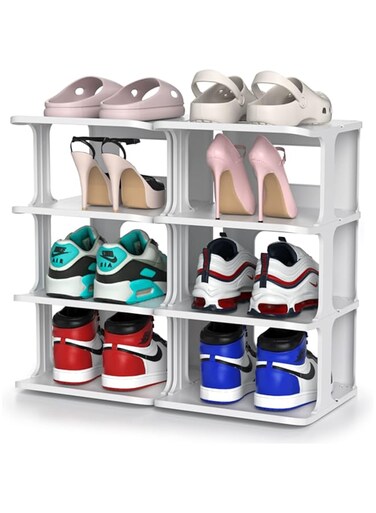 ZOINLIY Stackable Shoe Rack for Entryway, Shoe Organizer for Closet, Free Standing Small Shoe Shelf for Women Kids, Plastic Vertical Shoe Tower, Narrow Shoe Stand/Holder/Slots