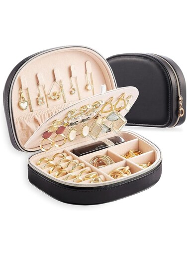 TERRIFI Travel Jewelry Box, Small Portable Seashell-Shaped Jewelry Case, 2 Layer Mini Organizer in PU Leather, Earring Necklace Bracelet Ring Holder for Women &amp; Girls - Black